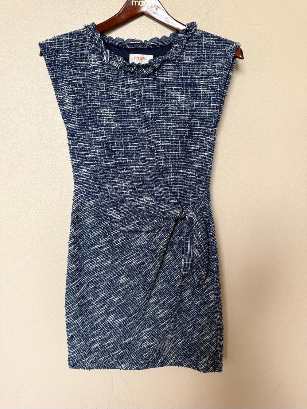 Renee C. Navy & White Textured Knot-Front Mini Dress tweed preppy academia